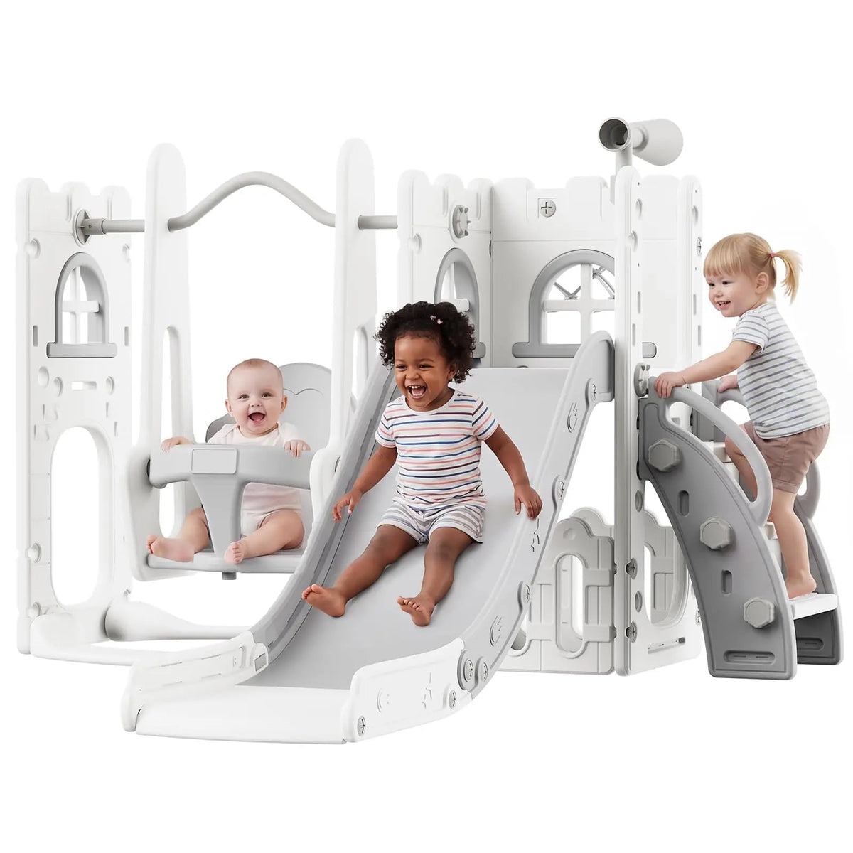 7-in-1 Toddler Slide and Swing Play Set with Basketball Hoop & Castle Playhouse