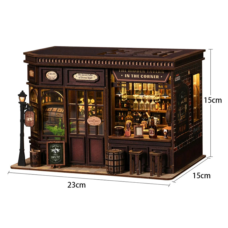 A detailed wooden miniature dollhouse kit featuring a shop facade with glass windows and lighting elements.