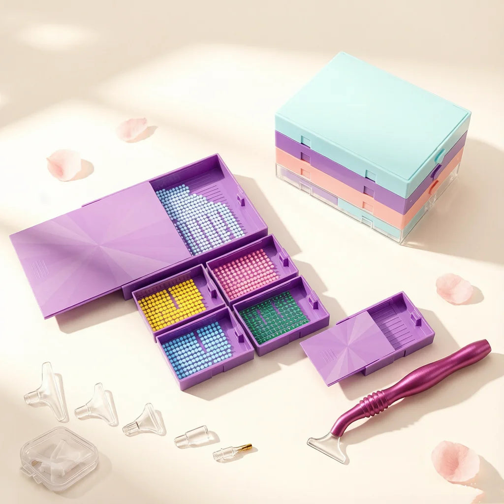 A modular diamond painting organizer with 38 slots and dot pens in purple and pink colors is displayed on a light background.