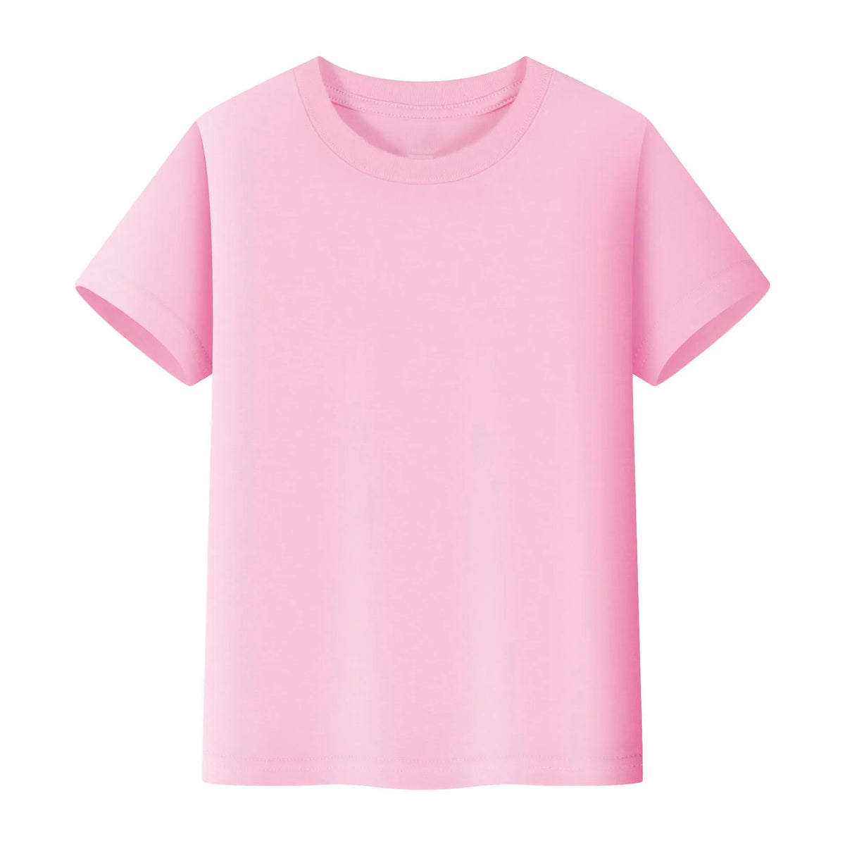 A pink short-sleeved t-shirt for kids, made of soft cotton fabric.