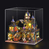A detailed wooden miniature rail-track city dollhouse kit featuring a large clock tower and various buildings.