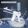 A white and blue electric water gun is shown spraying water, featuring an external bottle connection for outdoor play.