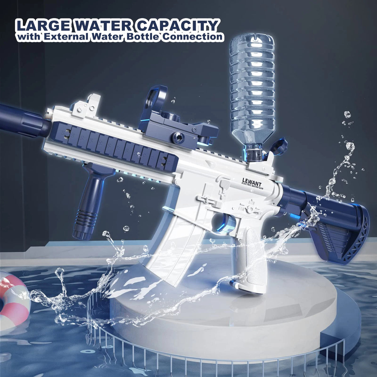 A white and blue electric water gun is shown spraying water, featuring an external bottle connection for outdoor play.