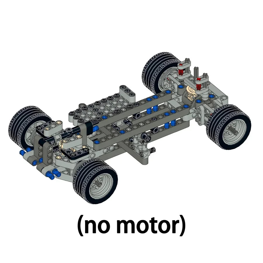 A gray and blue mechanical vehicle model built from building blocks, shown without a motor.