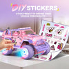 A pink 1:16 scale remote control off-road car with purple lights and DIY stickers is shown on a white surface.