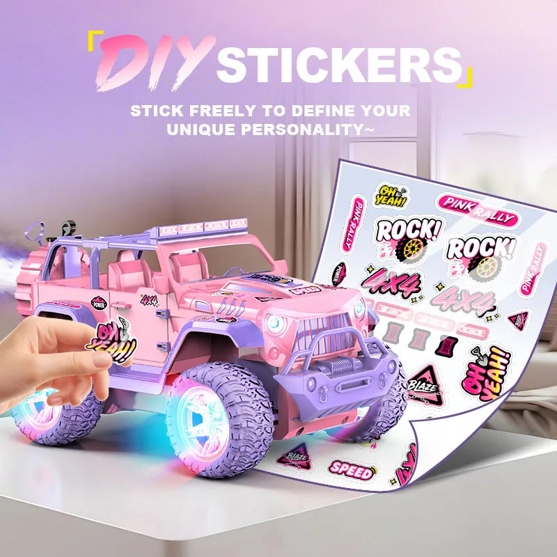A pink 1:16 scale remote control off-road car with purple lights and DIY stickers is shown on a white surface.