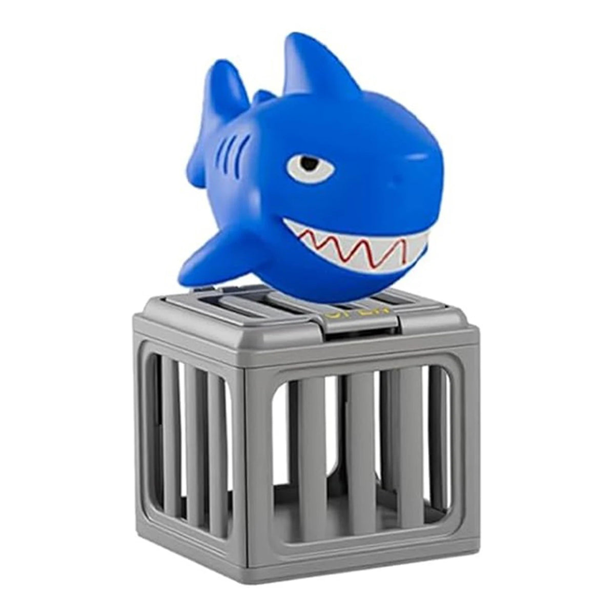 Blue shark toy for toddlers in a gray plastic cage.
