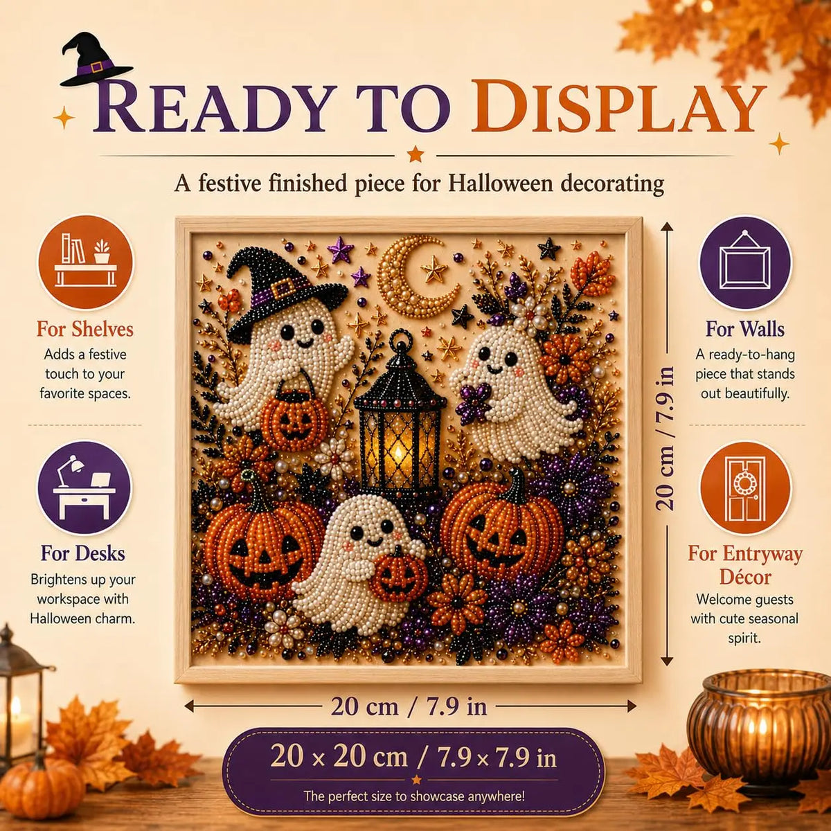 A framed piece of Halloween art featuring white ghost figures and pumpkins made with pearl accents