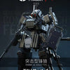 A detailed photograph of a FENRIR A6 Assault Type mecha model kit in dark gray and black, displayed against a dark background