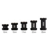A set of black brass wheel hex extenders with varying lengths from 12mm to 25mm.