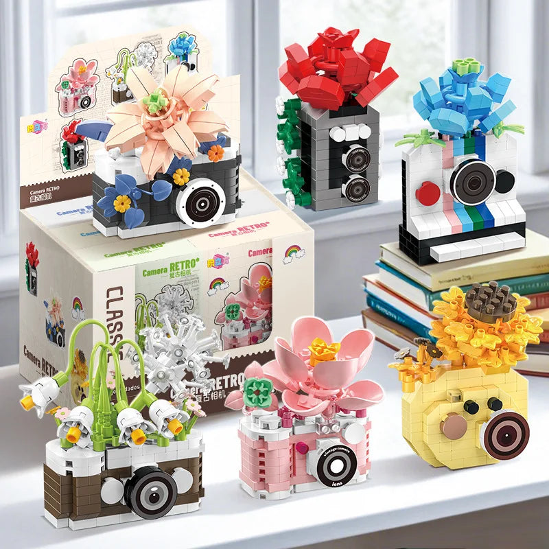 Retro Camera Building Blocks Set with Flower Bonsai Design