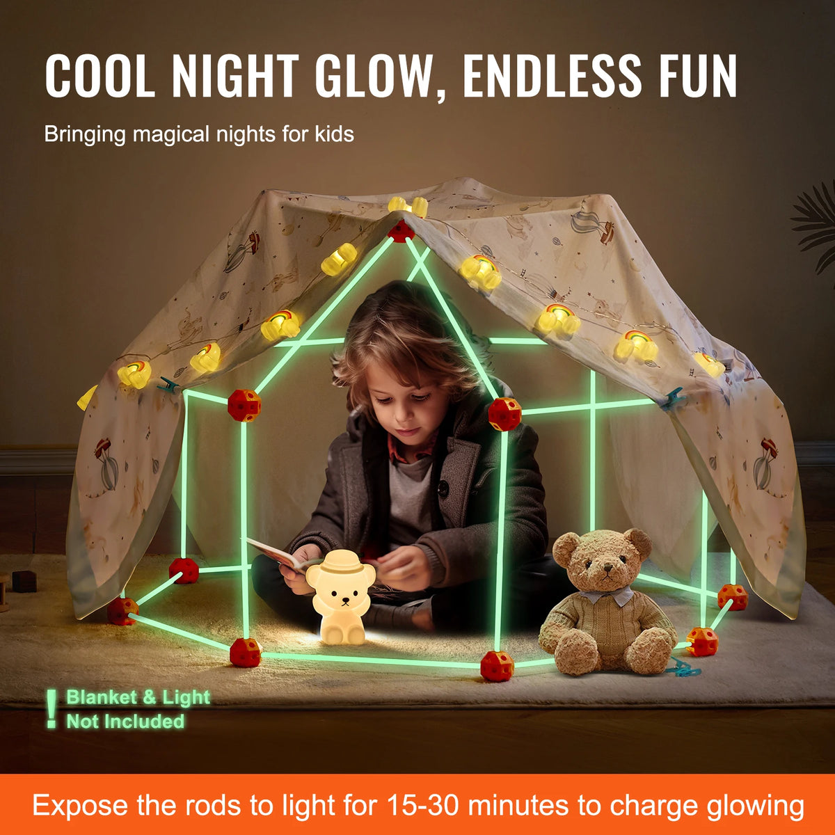 A child is inside a tent structure illuminated by glow-in-the-dark rods, creating a magical night light effect.