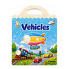 A colorful sticker book cover featuring vehicles like a yellow taxi and a large orange and yellow airplane against a blue sky