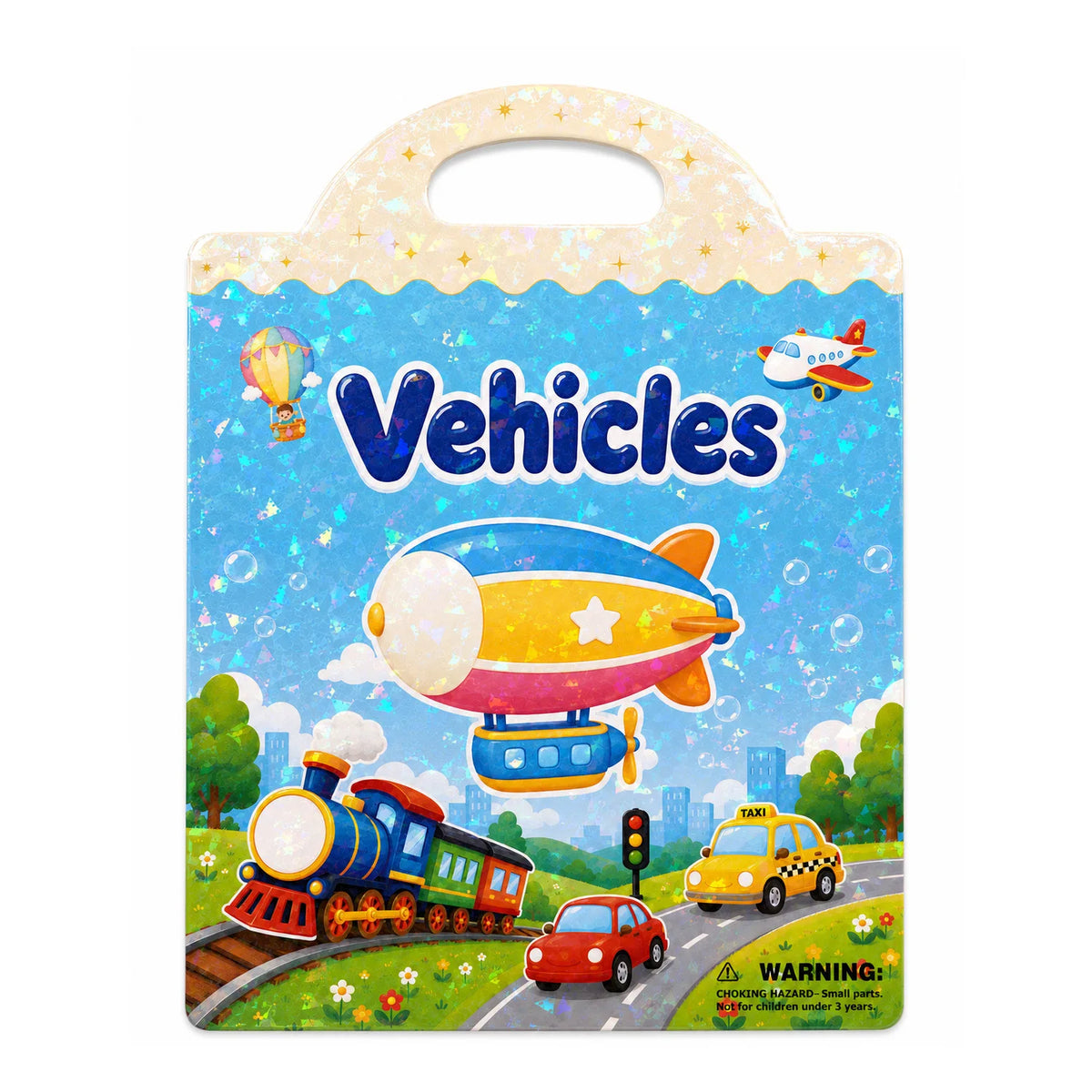 A colorful sticker book cover featuring vehicles like a yellow taxi and a large orange and yellow airplane against a blue sky