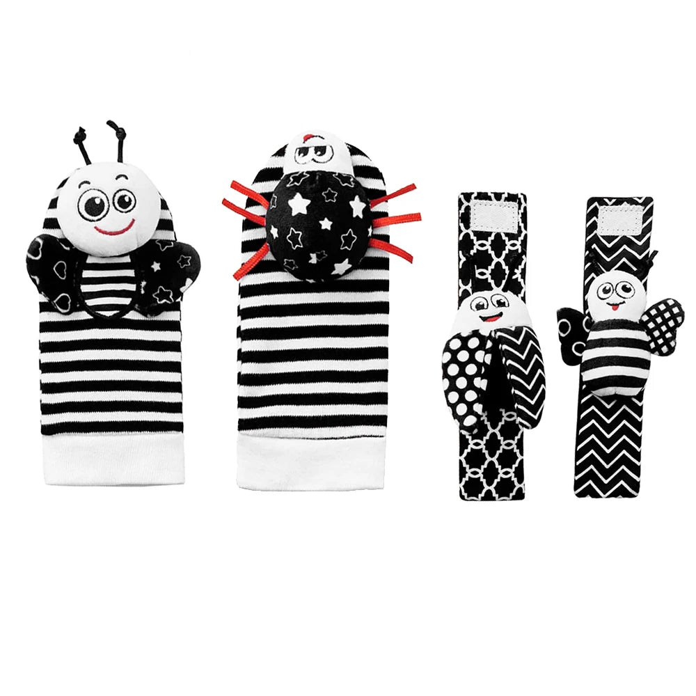Black and White Sensory Wrist Rattles and Foot Finders for Newborns