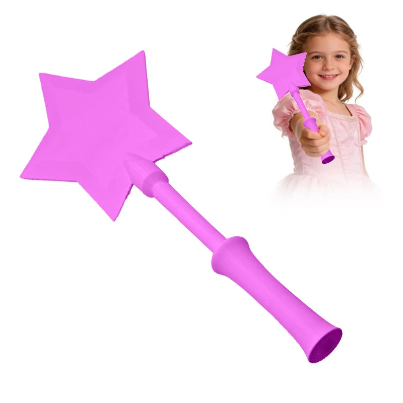 A pink star-shaped magic wand with a handle is held by a young girl.