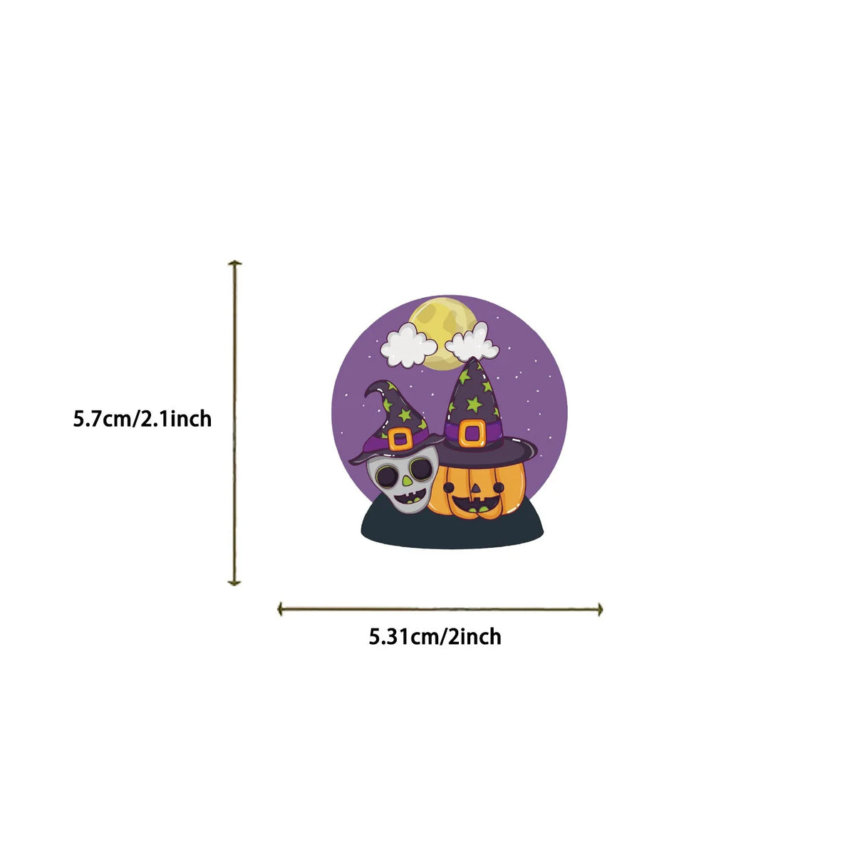 A set of Halloween stickers featuring a witch hat ghost and pumpkin design on a purple background.