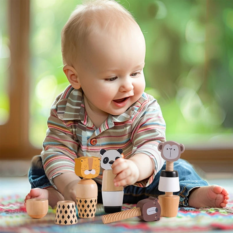 A baby is interacting with a set of wooden animal puzzle toys, including bears and other figures.