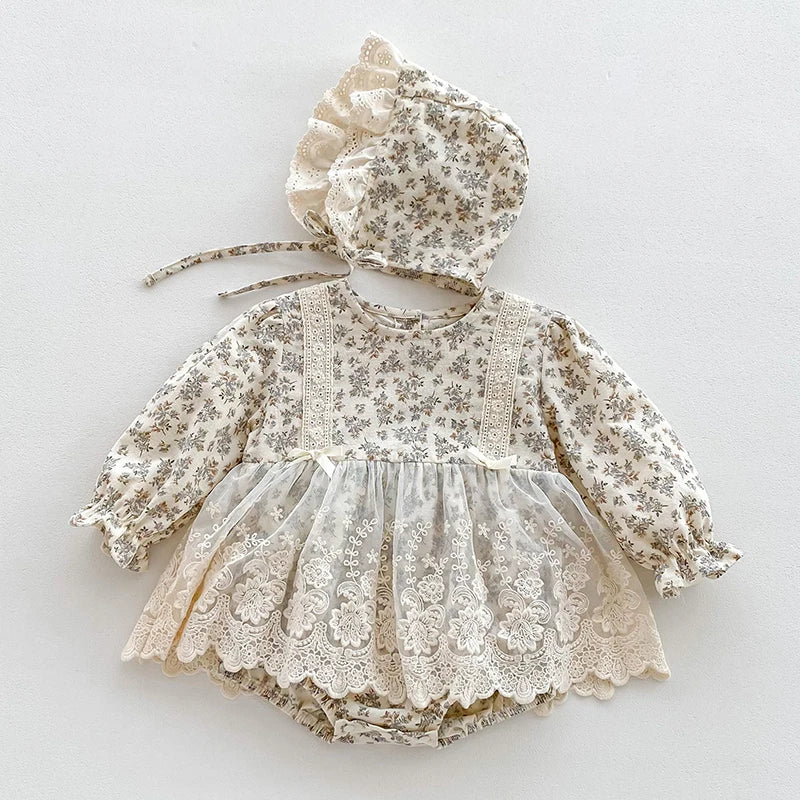 Baby Girls Lace-Trim Cotton Romper with Floral Details