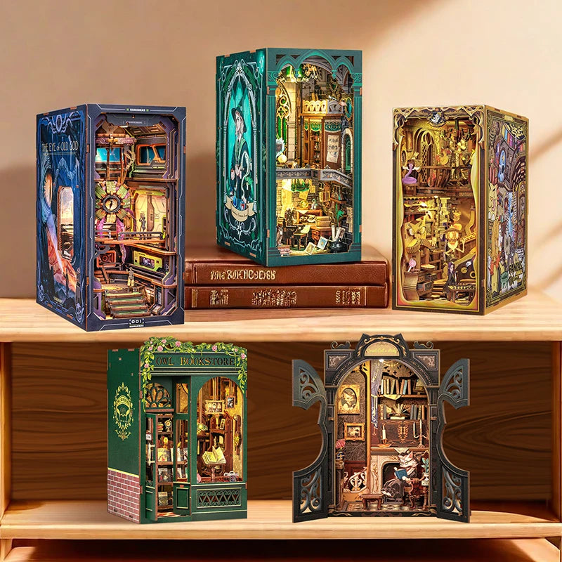 Owl Bookstore Miniature Book Nook DIY Kit with LED Lighting