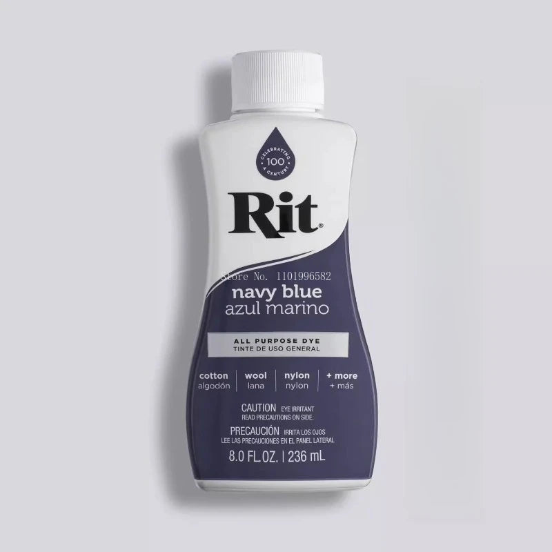 Bottle of Rit Navy Blue fabric dye for use on cotton, linen, and more