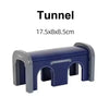 A dark blue wooden tunnel accessory with arched openings for railway play.