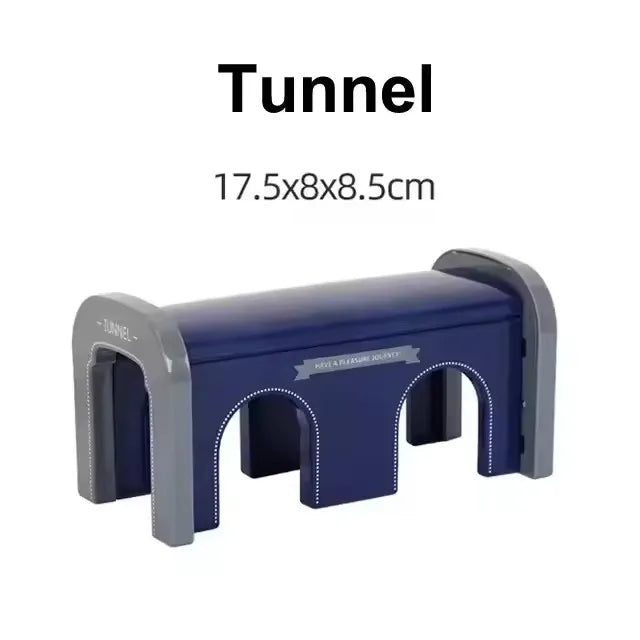 A dark blue wooden tunnel accessory with arched openings for railway play.