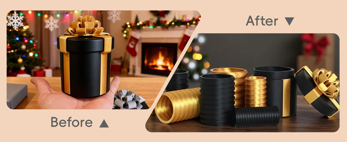 Before and after comparison showing nested screw gift boxes for cash and gifts