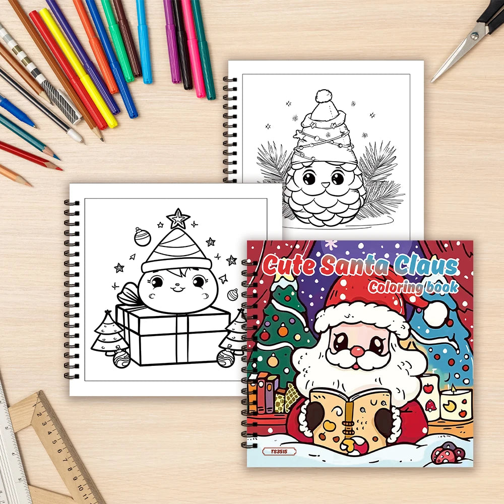 A coloring book featuring Cute Santa Claus and a Christmas tree design.