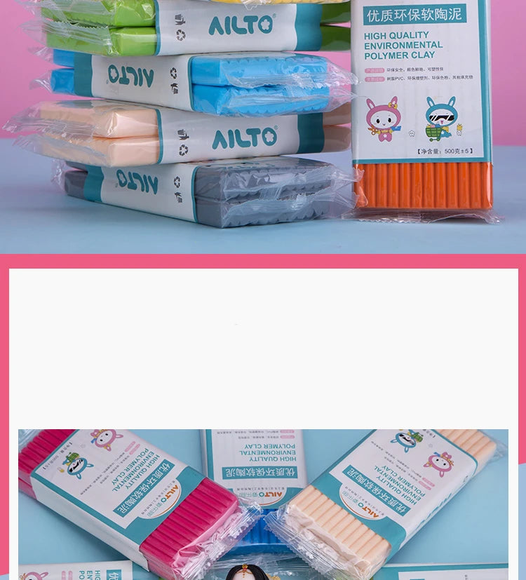 A collection of AILTO eco-friendly polymer clay kits in various colors and packaging.