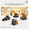 A set of mini remote controlled engineering vehicles including a bulldozer, forklift, and excavator.