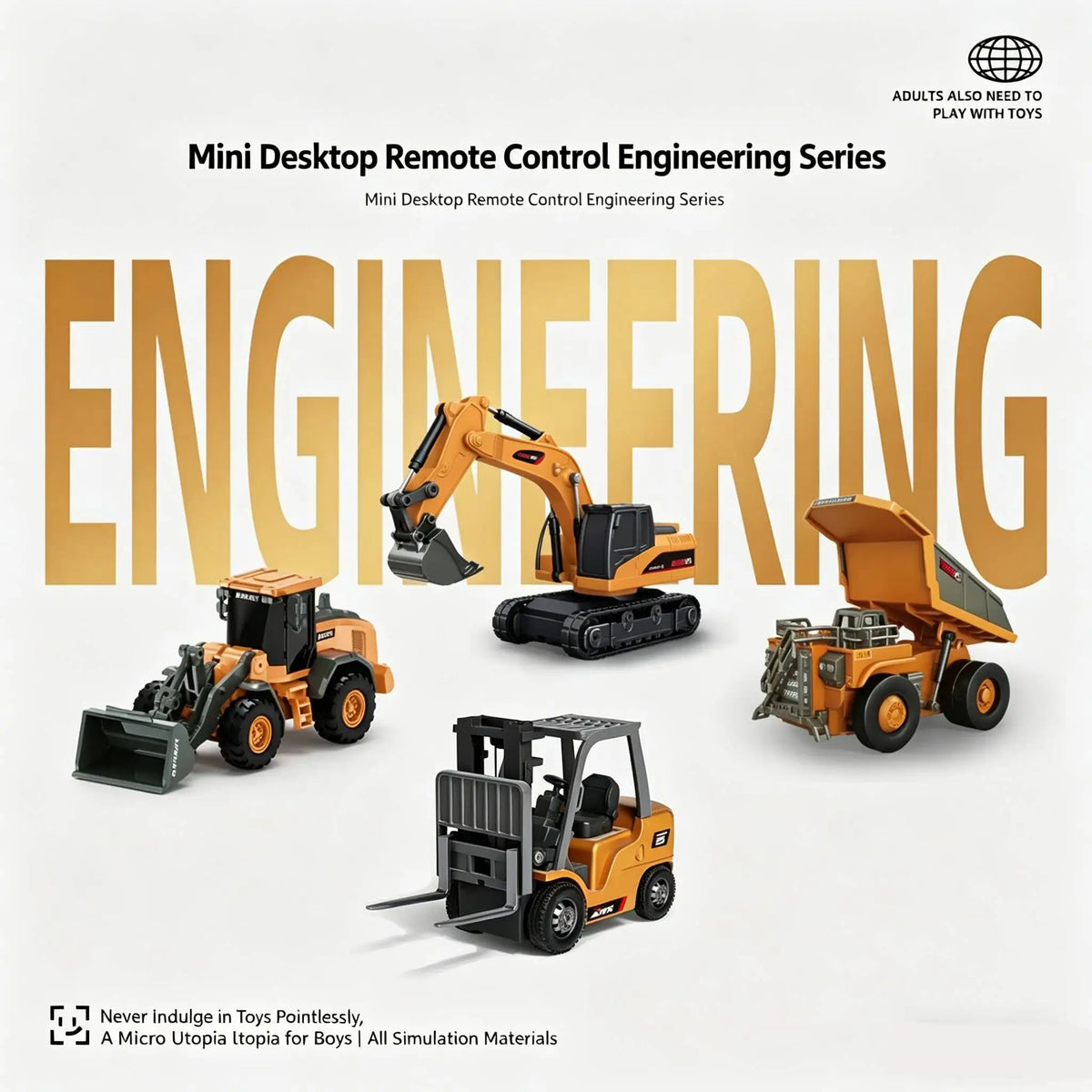 A set of mini remote controlled engineering vehicles including a bulldozer, forklift, and excavator.
