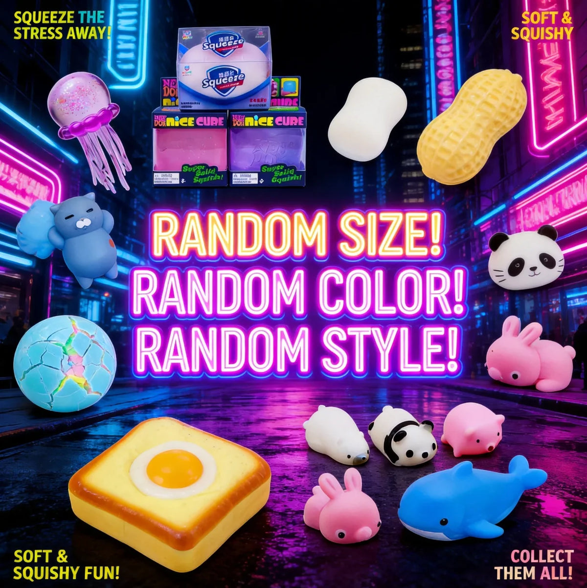 A collection of squishy toys including a pink jellyfish, white and yellow squish items, and various animal shapes on a purple