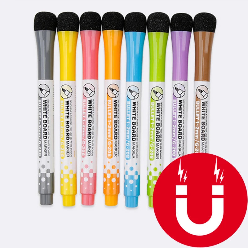 A set of ten magnetic dry-erase whiteboard markers in various colors and sizes for kids and classroom use.