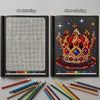 A comparison showing a black and white mosaic art book before and after coloring, featuring a crown design.