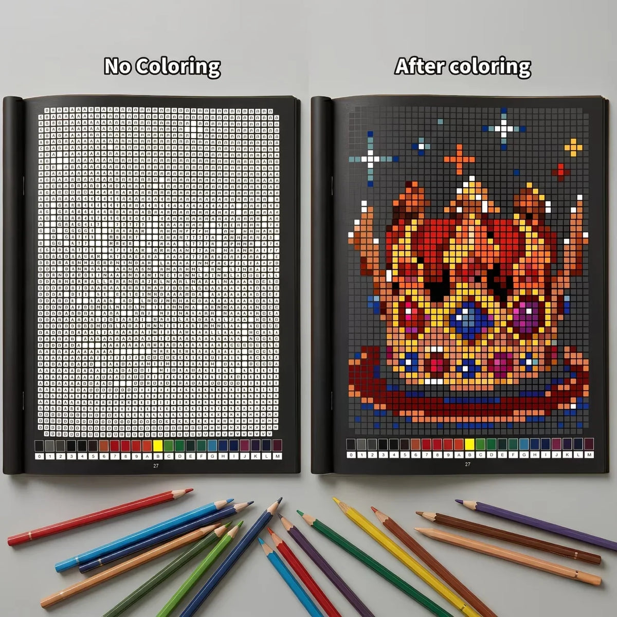 A comparison showing a black and white mosaic art book before and after coloring, featuring a crown design.