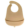 A beige waterproof silicone baby bib with a catch pocket and curved shape.