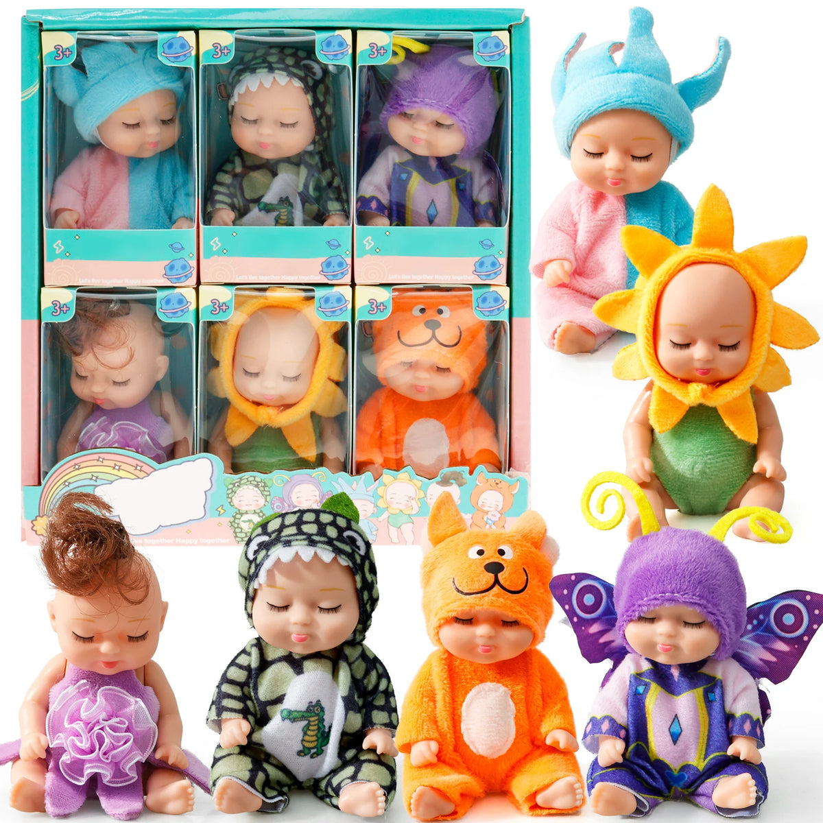A set of six cute sleeping reborn baby dolls in various colors and outfits.