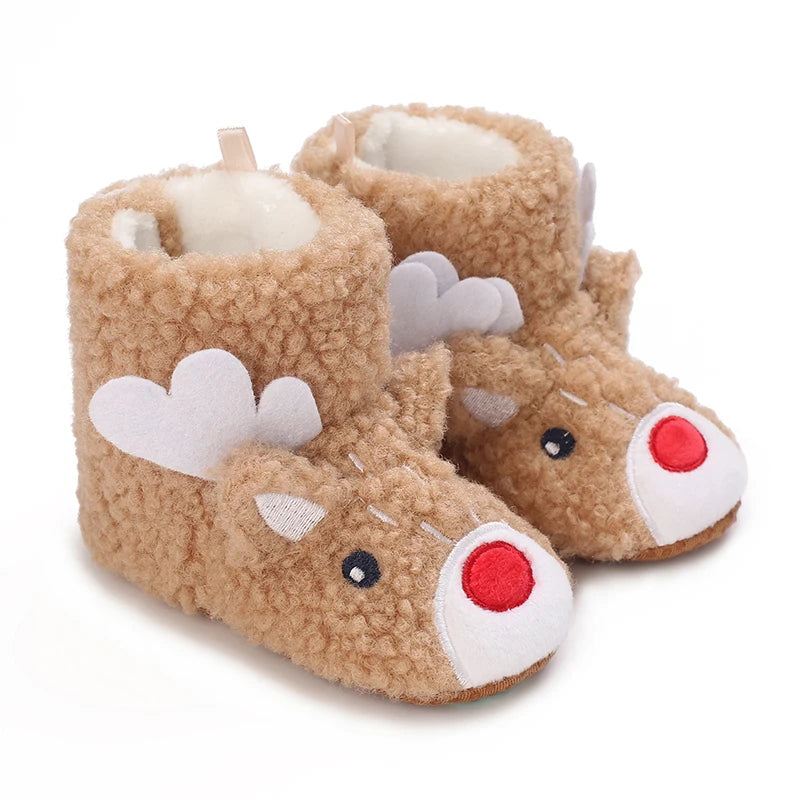 Pair of adorable animal-themed baby first walker shoes made of brown faux fur with white and red accents