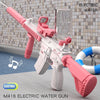 Pink M416 electric water gun with a clear glass bottle and a blue and white ring.