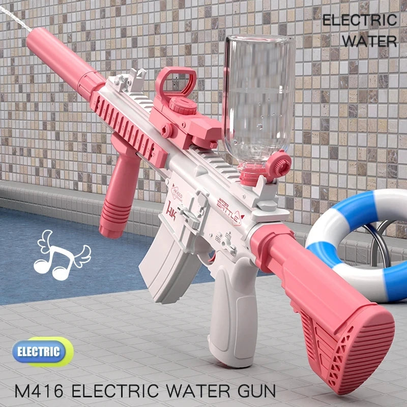 Pink M416 electric water gun with a clear glass bottle and a blue and white ring.
