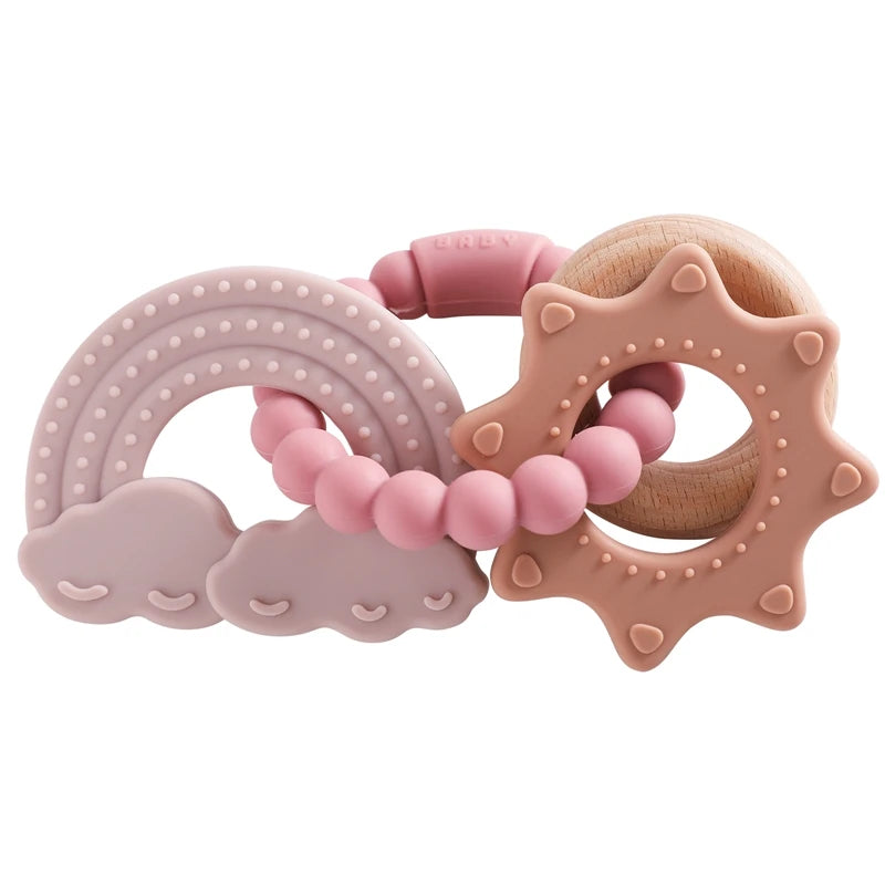 A set of pink and natural wood silicone planet teethers for babies.
