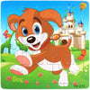 A brown and white dog puzzle piece featuring a happy expression, set against a green background.