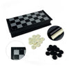 A black foldable magnetic checkers board game set with pieces and a storage case.