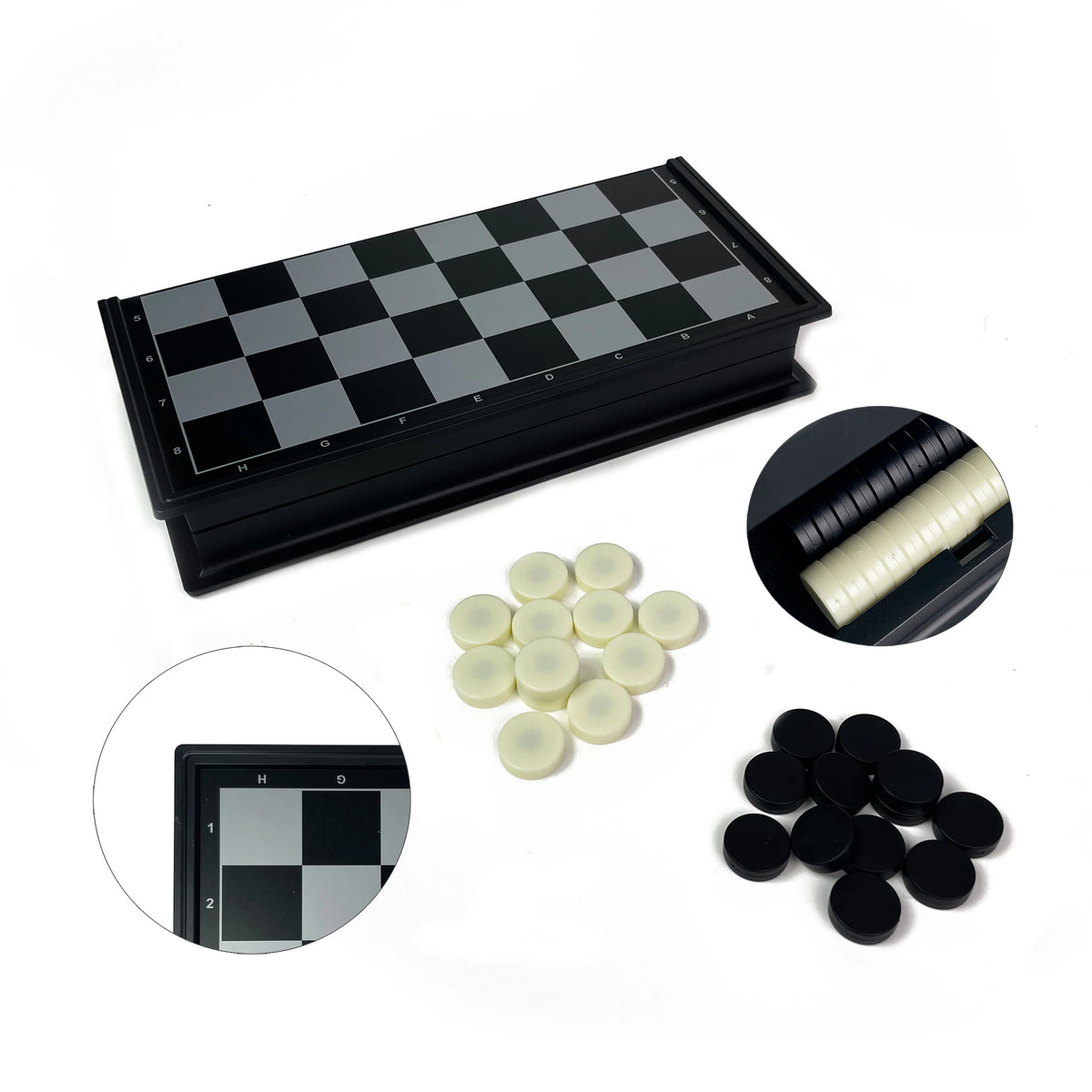 A black foldable magnetic checkers board game set with pieces and a storage case.