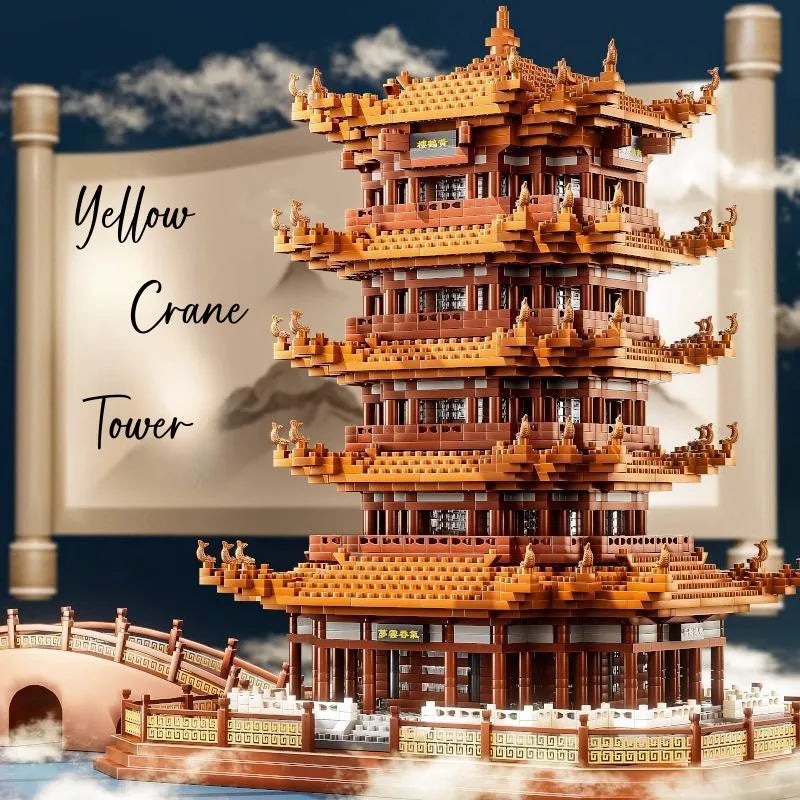 A detailed model kit of the Yellow Crane Tower built from brown and orange LEGO-style bricks.