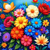 A vibrant arrangement of colorful sunflowers and floral elements in a diamond painting kit.