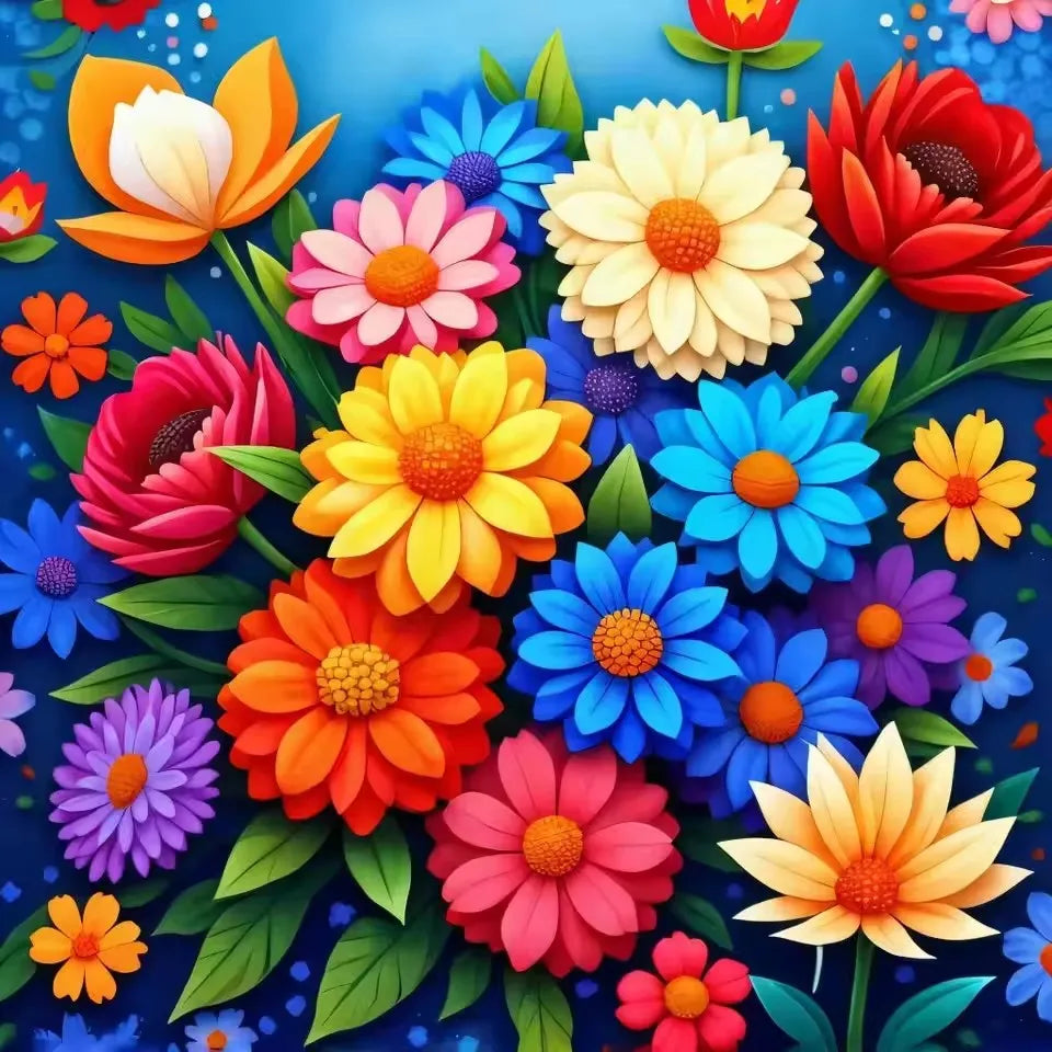 A vibrant arrangement of colorful sunflowers and floral elements in a diamond painting kit.