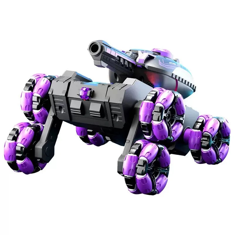 A black and purple transformable RC stunt tank with LED lights and a barrel shape, shown from the side.