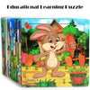 Educational learning puzzle featuring a cartoon rabbit holding a carrot and other woodland elements.